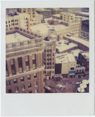 Hartford-Aetna Building roof and top façade, corner of Main and State Streets below and the Sag…